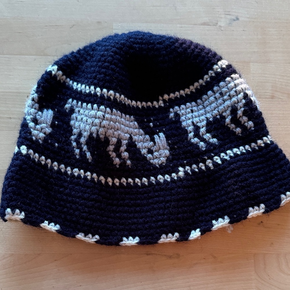 Navy and White Knit Hat with Animal Design